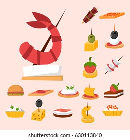 Various meat fish cheese banquet snacks on banquet platter canape snacks appetizer delicious vector.