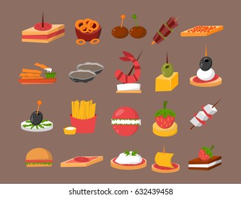 Various meat fish cheese banquet snacks on banquet platter canape snacks appetizer delicious vector.