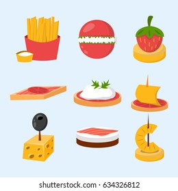 Various meat fish cheese banquet snacks on banquet platter canape snacks appetizer delicious vector.