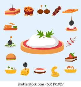 Various meat fish cheese banquet snacks on banquet platter canape snacks appetizer delicious vector.