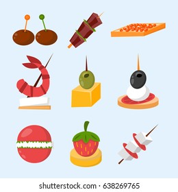 Various meat fish cheese banquet snacks on banquet platter canape snacks appetizer delicious vector.