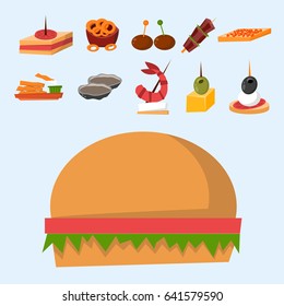 Various meat fish cheese banquet snacks on banquet platter canape snacks appetizer delicious vector.