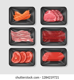 Various meat products in plastic tray container with cellophane cover. Mockup template for your design. Plastic food container. Vector illustration.
