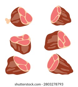 Various meat steak cuts. Raw beef, pork and cooked steaks. Cartoon food collection.