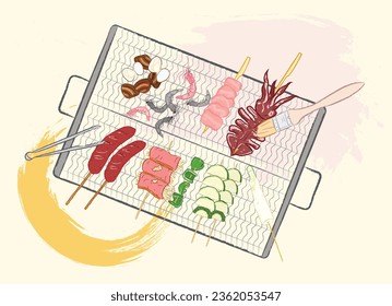 Various meat and vegatable kebabs with sauce brush and tongs on a wire grid for BBQ party