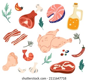 Diversas carnes. Preparando ingredientes de comida. Carne, pescado, pollo, especias. Chop, patas de pollo, mantequilla, ajo y pimienta. Perfecto para el restaurante, la carta y la impresión. Ilustración de dibujos animados