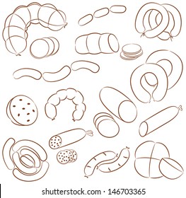 Various meats doodles: sausages, wurst, wiener, salami