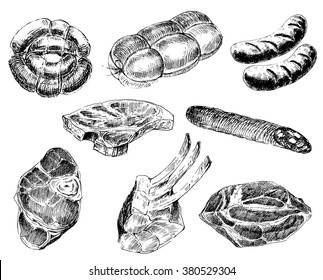 Various meats doodles: sausages, wurst, wiener, salami, steak sketch hand drawing