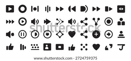 Various media playback controls, social sharing buttons, user interaction symbols for digital platforms