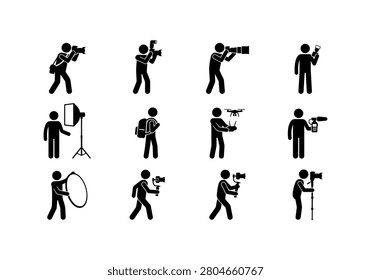 Various media production stick figure icons showing photographers and videographers using digital slr cameras microphones and stabilizing gear for filmmaking. Professional content creators operating specialized equipment for studio and outdoor shoots including aerial drone photography.
