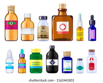 Various medical bottles. Health care concept pictures of drugs bottles with labels. Vector pharmacy medical bottle of colllection illustration