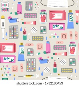 Various Medical equipment: Drugs, pills, capsules, inhaler, tube, spray, mask, patch, syringe, bottles. Medicine, pharmacy, hospital, drug store concept. Hand drawn Vector Seamless pattern, Background