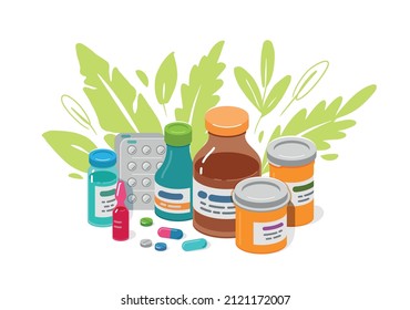 Various medical equipment such as drugs, pills, capsules, bottles. Medicine, pharmacy, hospital, drug store vector illustration