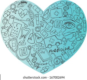 Various medical icons arranged in heart shape