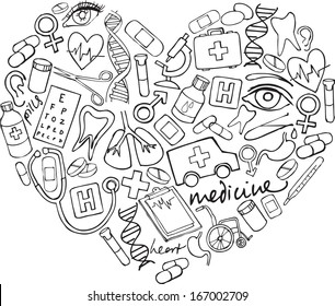 Various medical icons arranged in heart shape