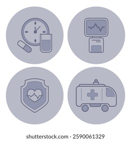 Various medical icons including clock, medication, heart monitor, health shield, and ambulance. Key elements of healthcare