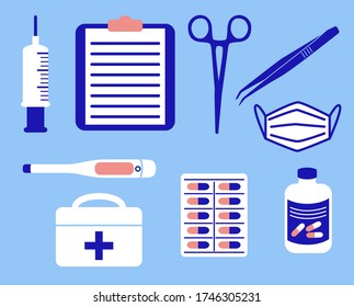 Various medical instruments are lined up.