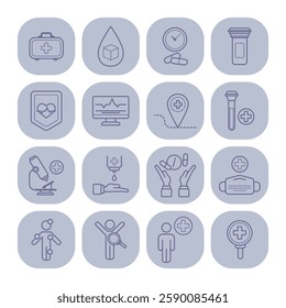 Various medical line icons including first aid kit, droplet, medical tools, and professional symbols. Ideal for healthcare topics and services