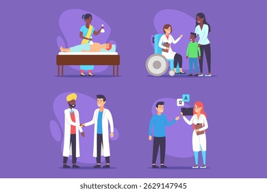 Various medical professionals engaged with patients in colorful healthcare setting, showcasing interactions in treatment, support, and communication among caregivers and families