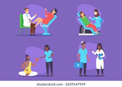 Various medical situations with healthcare professionals assisting patients in different environments
