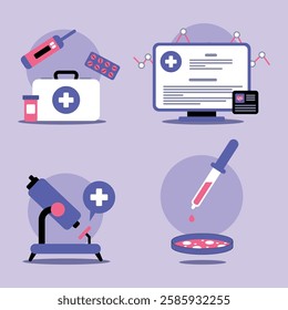 Various medical tools and technology, including medical kit, computer screen showing data, microscope, and pipette dropping liquid onto Petri dish