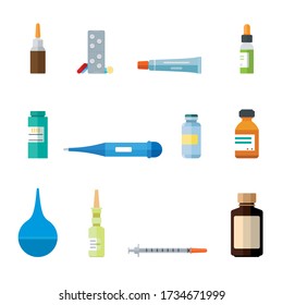 Various medication and healthcare icons. Creme, salve, syringe, syrup, nasal spray, drops, pills, enema, thermometer, plastic and glass bottles and containers. Flat vector icons.