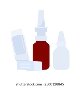 Various medications for breathing and nose - Inhaler, nose spray. Medicals for treatment and prevention. Asthma, shortness of breath, pulmonary disease. Simplicity and flat vector illustration.