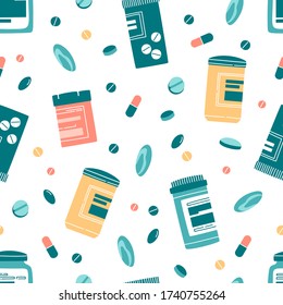 Various medicine bottles, jars, pills, gel capsules, vitamins seamless pattern on white background. Hand drawn flat vector illustration in cartoon style.