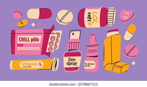 Various Medicine set. Pills, drugs, capsules, blister, inhaler, spray, vitamins. Pharmacy, pharmaceutics, hospital, health care concept. Hand drawn trendy Vector illustration. Isolated design elements