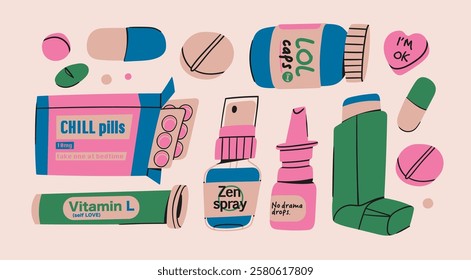 Various Medicine set. Pills, drugs, capsules, blister, inhaler, spray, vitamins. Pharmacy, pharmaceutics, hospital, health care concept. Hand drawn trendy Vector illustration. Isolated design elements