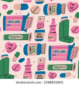 Various Medicine set. Pills, drugs, capsules, blister, inhaler, spray, vitamins. Pharmacy, hospital, health care concept. Hand drawn trendy Vector illustration. Square seamless Pattern, wallpaper