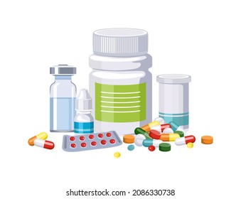 Verschiedene Arzneimittel, Kapseln, Tabletten und Flaschen mit Arzneimitteln. Arzneimittel. Vektorgrafik-Flach-Illustration.