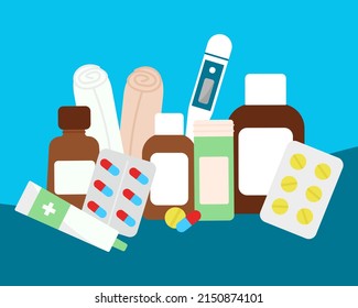 Various medicines and equipment tablets and vials, bandages, thermometer. Healthcare and pharmacy. Home medicine cabinet. Vector illustration