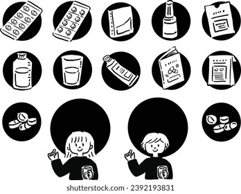 Various medicines and medicine-related icon illustration set Black and white Monochromatic
