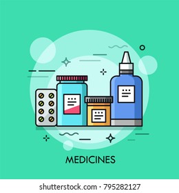 Various medicines - pills in blister, nasal spray, drugs in jars. Concept of pharmaceutics, medications, content of first aid kit. Colorful vector illustration in thin line style for banner, website.