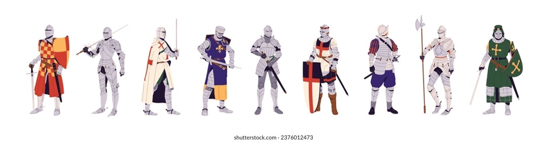 Various medieval knights set. Crusader with sword, shield. Historical soldiers with weapon standing. Ancient warriors in metal armor, helmet. Flat isolated vector illustration on white background