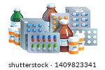 Various meds. Pills, capsules blisters, glass bottles with liquid medicine & plastic tubes with caps. Drug medication & supplements collection. Realistic flat style vector object illustration