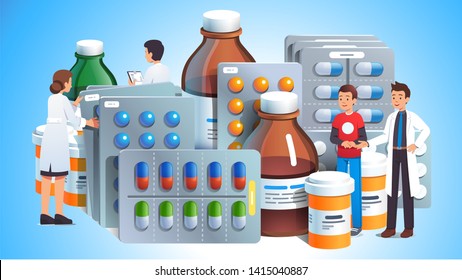 Various meds. Pills, capsules blisters, glass bottles with liquid medicine & plastic tubes with caps. Drug medication & supplements collection. Realistic flat style vector object illustration