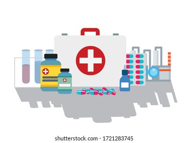 Various meds. Pills, capsules blisters, glass bottles with liquid medicine & plastic tubes with caps. Drug medication & supplements collection. Realistic flat style vector object illustration.