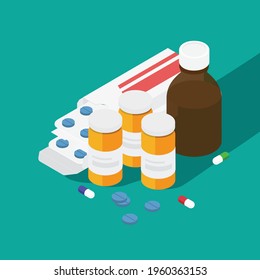 Various meds. Pills, capsules blisters, glass bottles with liquid medicine and plastic tubes with caps. Drug medication and supplements collection. Isometric view vector object illustration