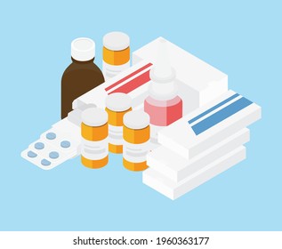 Various meds. Pills, capsules blisters, glass bottles with liquid medicine and plastic tubes with caps. Drug medication and supplements collection. Isometric view vector object illustration