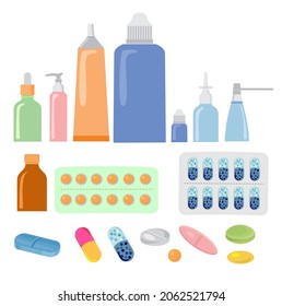 Various meds. Pills, capsules blisters, glass bottles with liquid medicine and plastic tubes with caps. Drug medication and supplements collection. Flat style vector object illustration svg