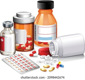 Various meds. Pills, capsules blisters, glass bottles with liquid medicine , plastic tubes with caps. Drug medication supplements collection. Realistic flat style vector object illustration