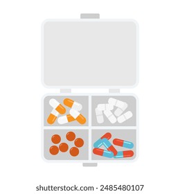 Various meds. Pills, capsules blisters, glass bottles with liquid medicine, plastic tubes with caps. Medication, supplements collection. Flat style object illustration