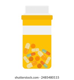 Various meds. Pills, capsules blisters, glass bottles with liquid medicine, plastic tubes with caps. Medication, supplements collection. Flat style object illustration