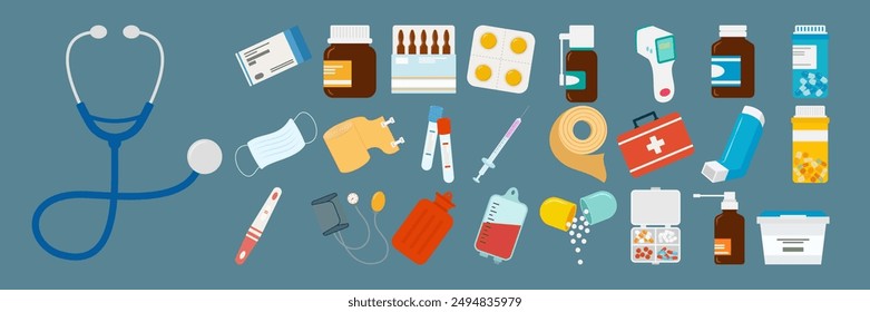 Various meds. Pills, capsules blisters, glass bottles with liquid medicine, plastic tubes with caps. Medication, supplements collection. Flat style object illustration set