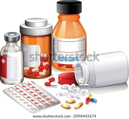 Various meds. Pills, capsules blisters, glass bottles with liquid medicine , plastic tubes with caps. Drug medication supplements collection. Realistic flat style vector object illustration