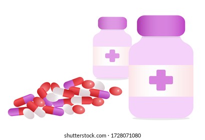 Various meds. Two medicine cans with cross and many white purple Pills, capsules, Drug medication & supplements collection. Realistic flat style vector object illustration