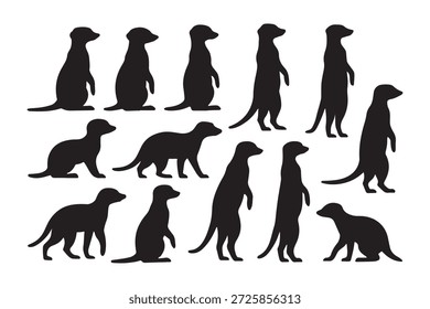 Verschiedene Erdmännchen Silhouetten in verschiedenen Posen auf einfarbigem weißem Hintergrund