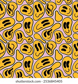 Various melting smileys. Lava lamp, water drops, drug trip style. Hand drawn abstract seamless pattern.